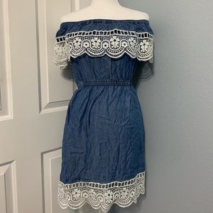 BEBE chambray off the shoulder dress
